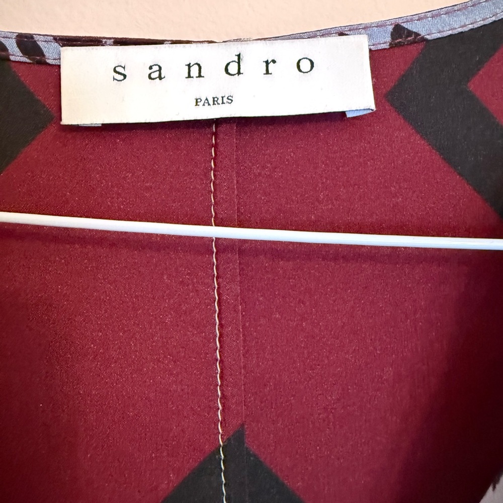 Sandro  Paris Burgundy  flowers and Black Geometric Dress